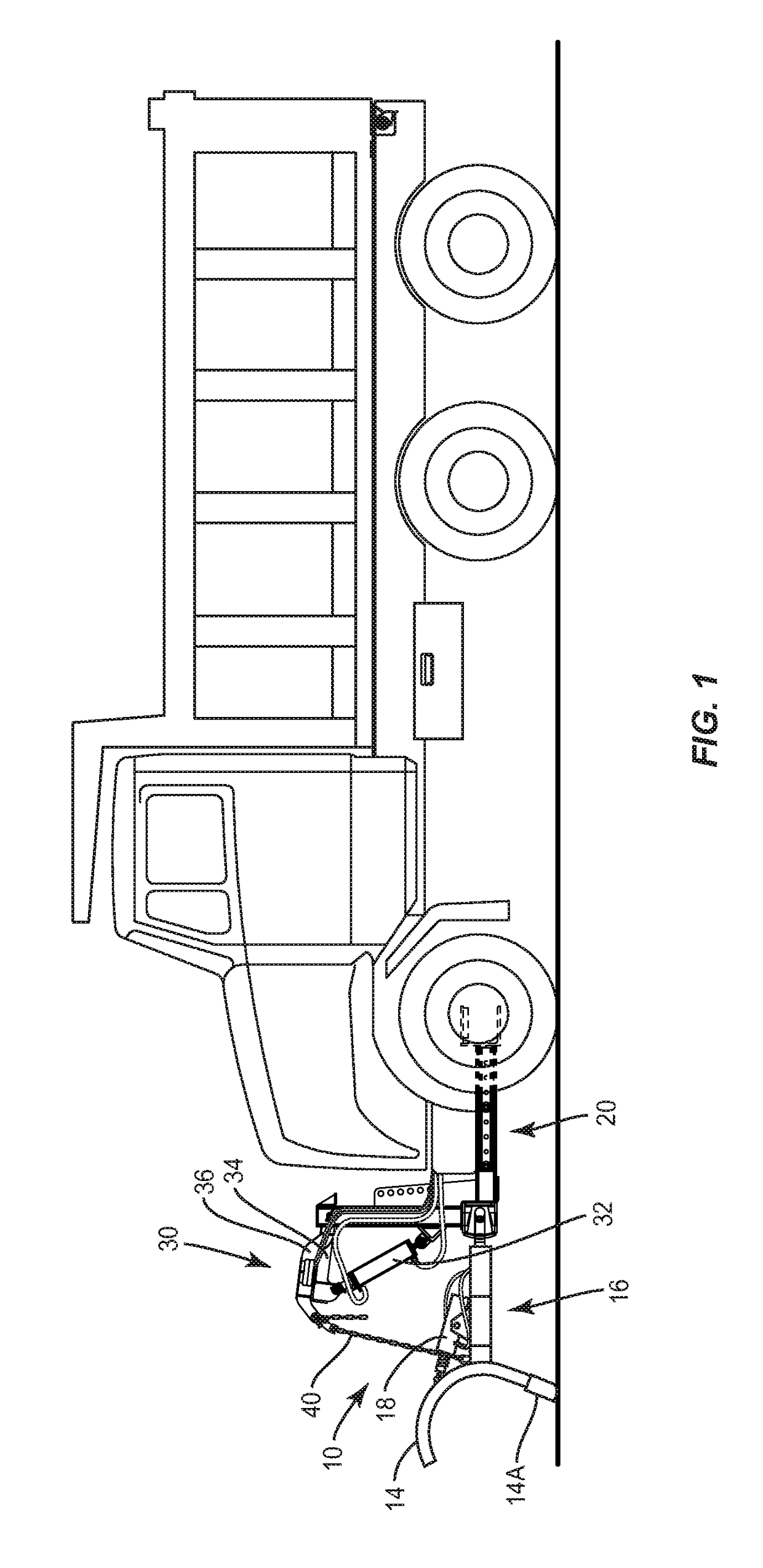 Snow plow having a pneumatic lifting device for reducing the wear on the blade of the snow plow