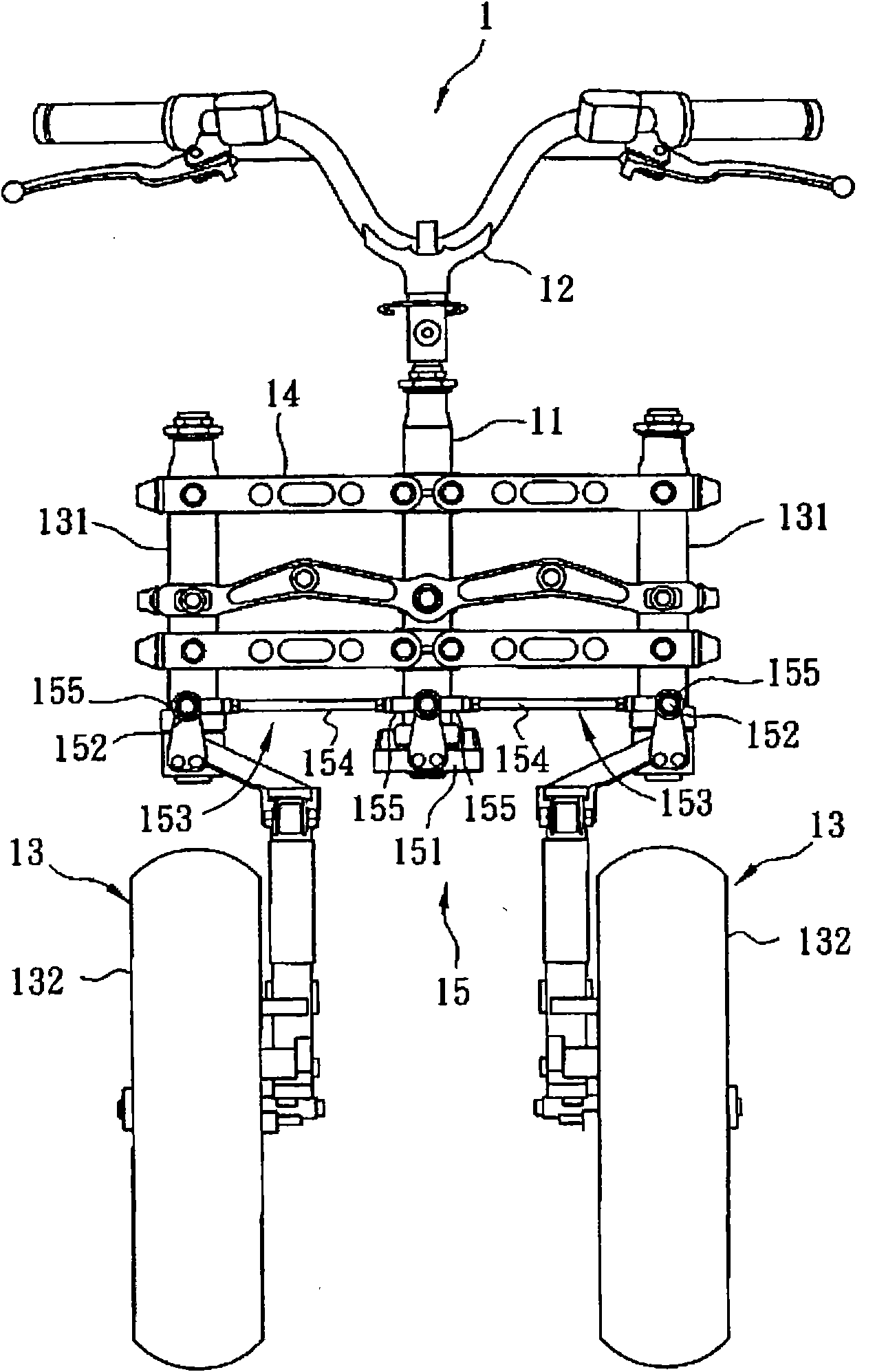 Steering device for vehicle with two front wheels