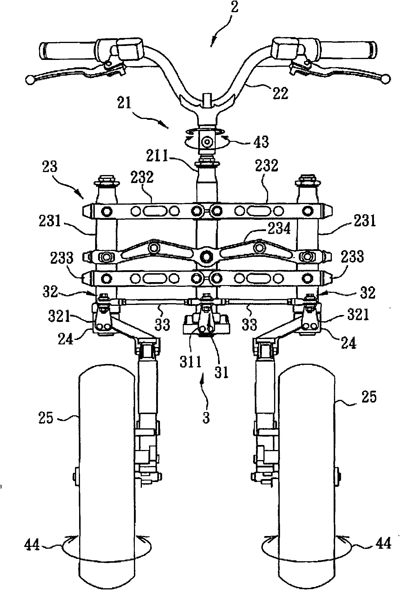 Steering device for vehicle with two front wheels