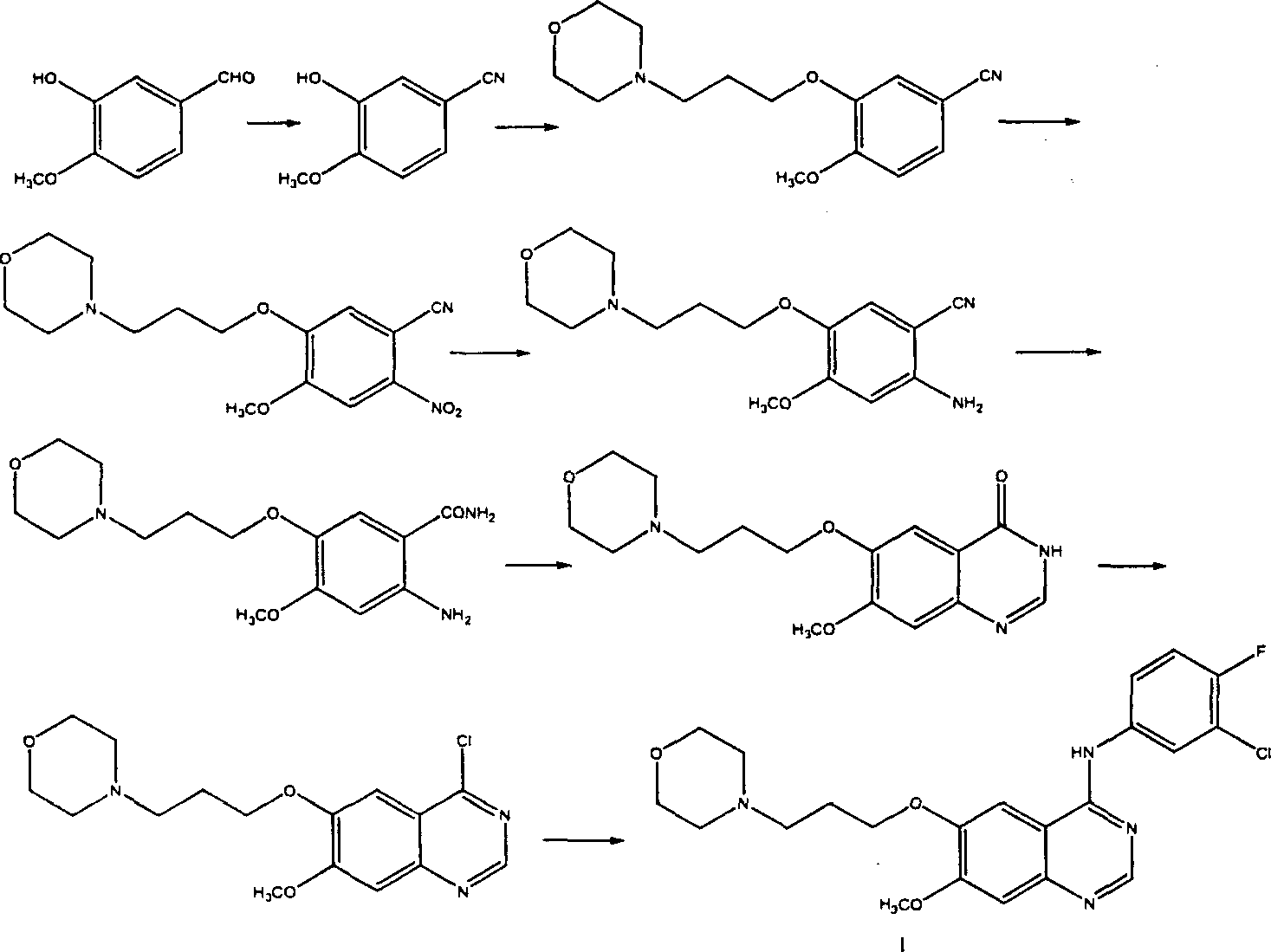 Preparation method of 4-(3-chlor-4-fluorobenzeneamidocyanogen)-7-methoxy-6-(3-morpholine oxypropyl)quinazoline