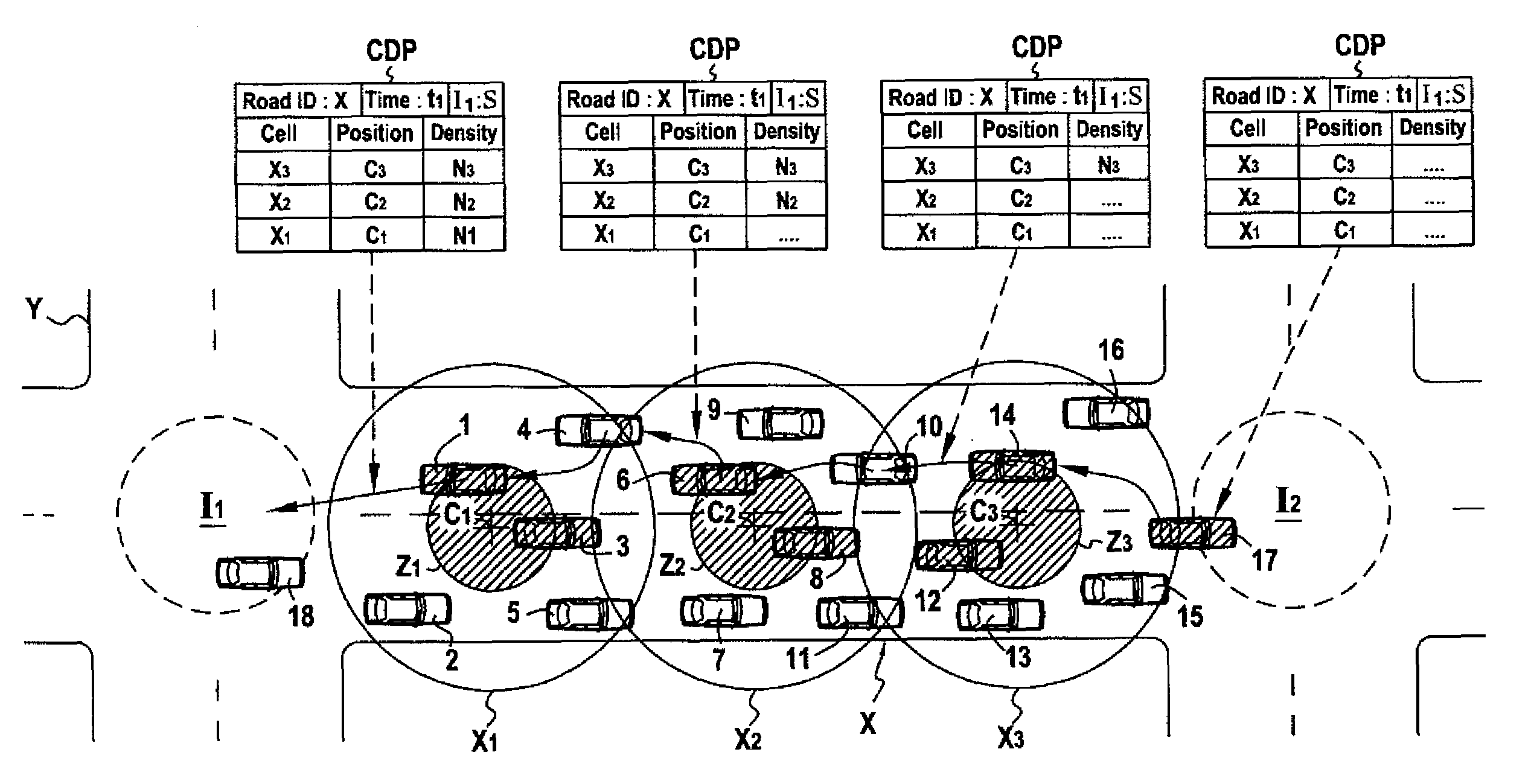 Method for estimating and signalling the density of mobile nodes in a road network