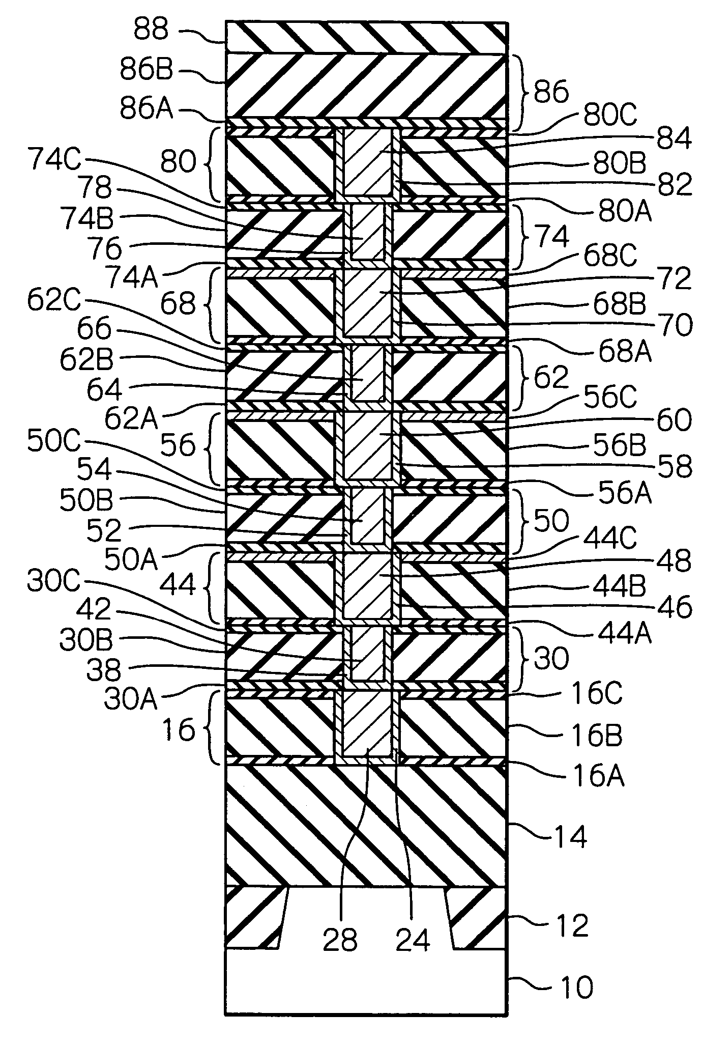 Semiconductor device with multi-layered wiring arrangement including reinforcing patterns, and production method for manufacturing such semiconductor device