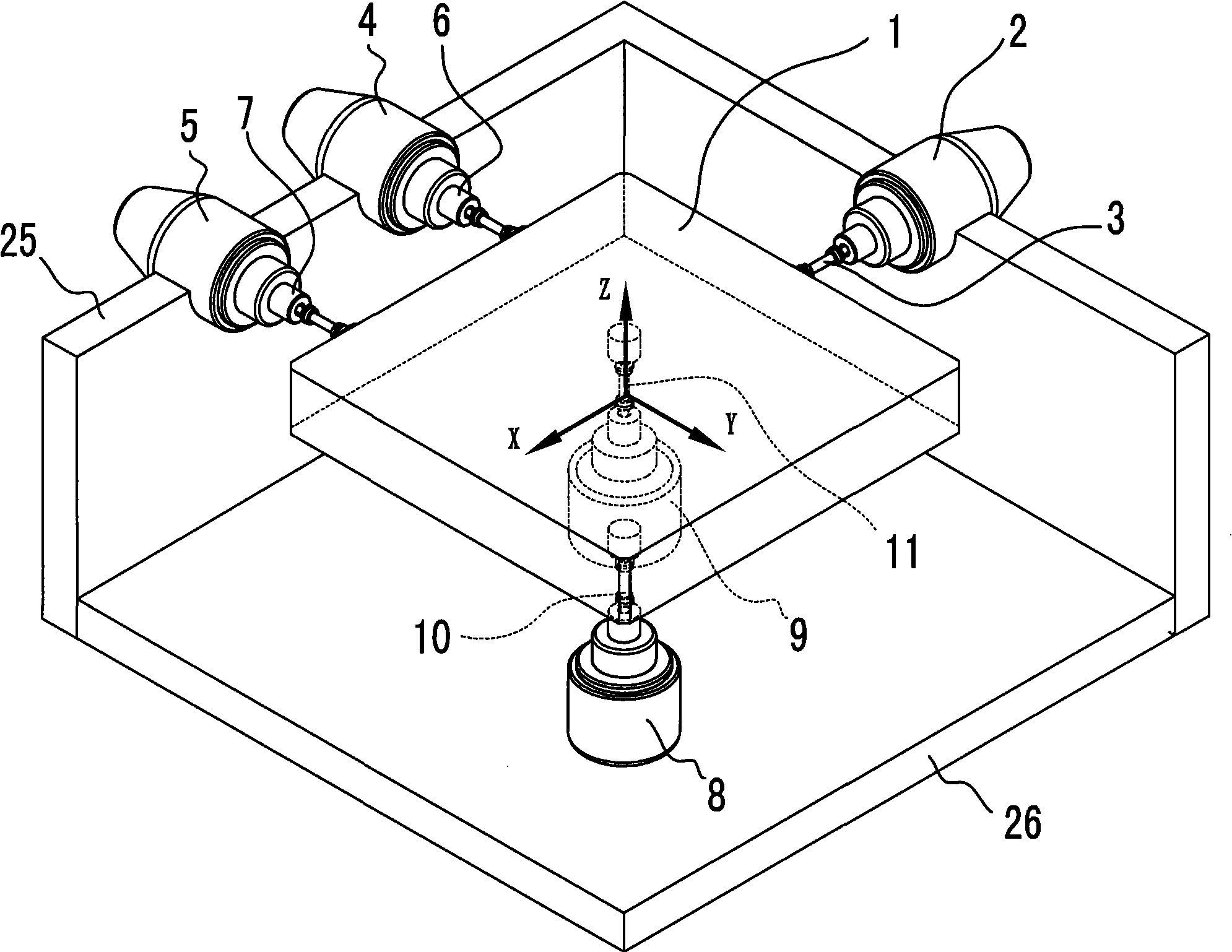 Three-axis six-freedom degree vibration test apparatus