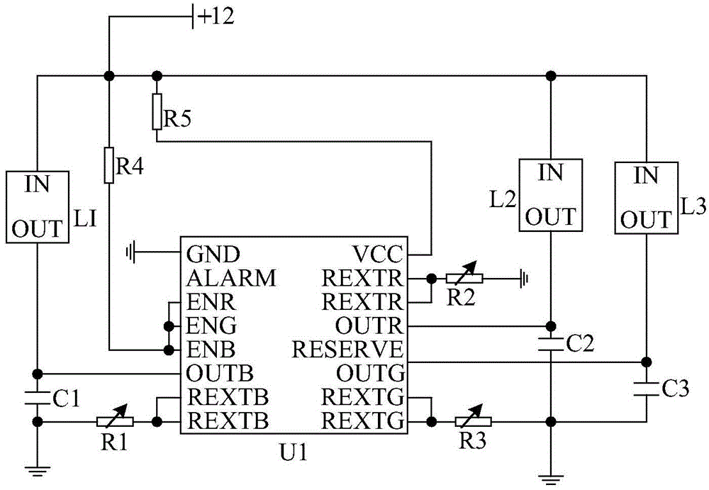 Adjustable three-channel high-power LED (light-emitting diode) drive circuit