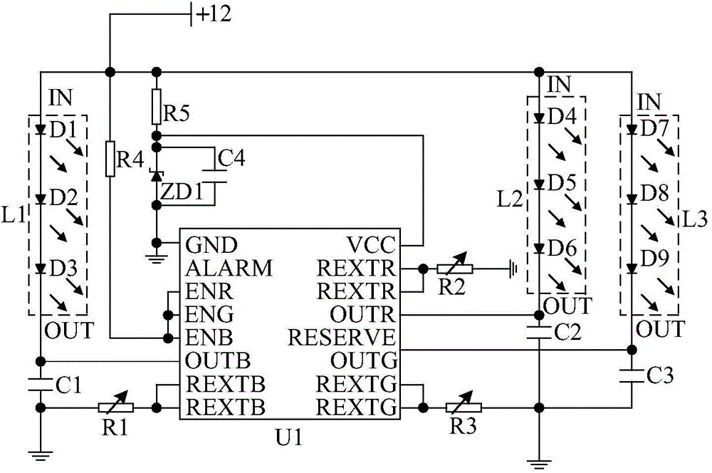 Adjustable three-channel high-power LED (light-emitting diode) drive circuit