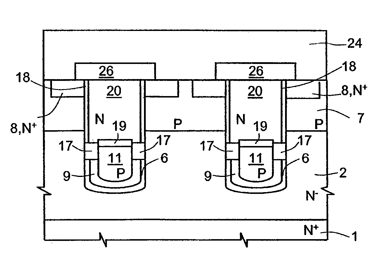 Semiconductor power device with insulated gate formed in a trench, and manufacturing process thereof