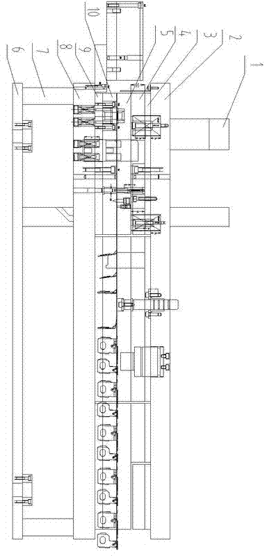 Automobile handrail reinforced left-and-right support continuous die