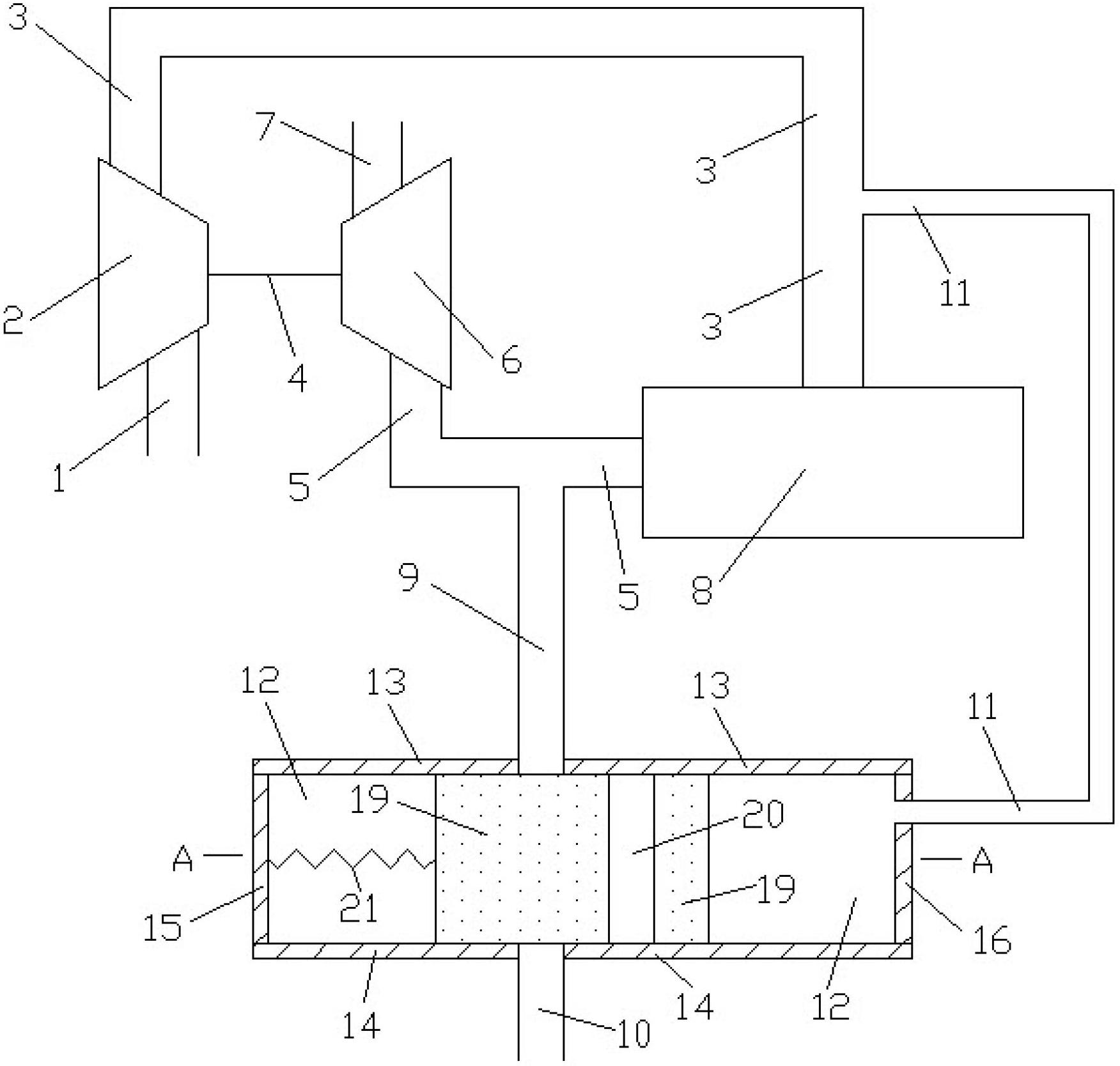 Turbine exhaust device with penetrating pipe