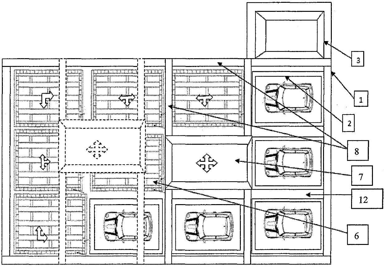 A channelless lifting and translational three-dimensional parking garage and method for parking and picking up cars