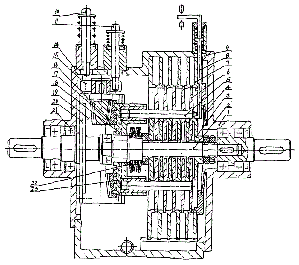 Constant proportional variable speed collective transmission device