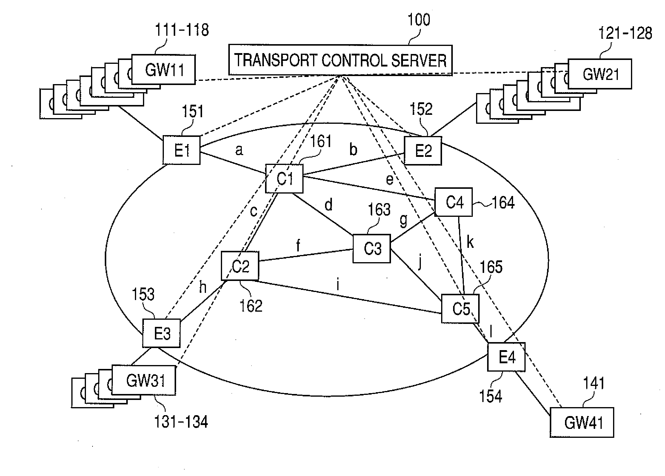 Transport control server, network system and aggregated path setting method