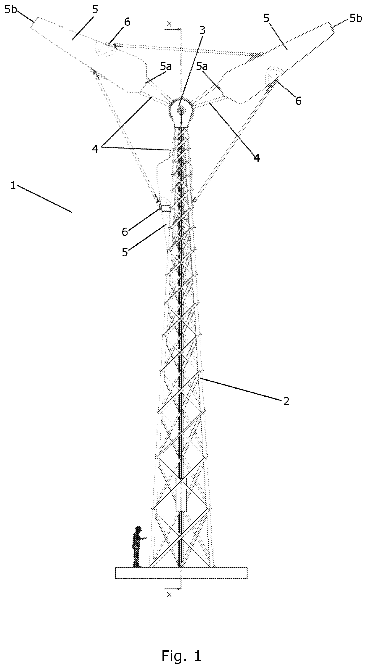 A wind turbine with hinged blades having a hinge position between inner and outer tip end of the blades