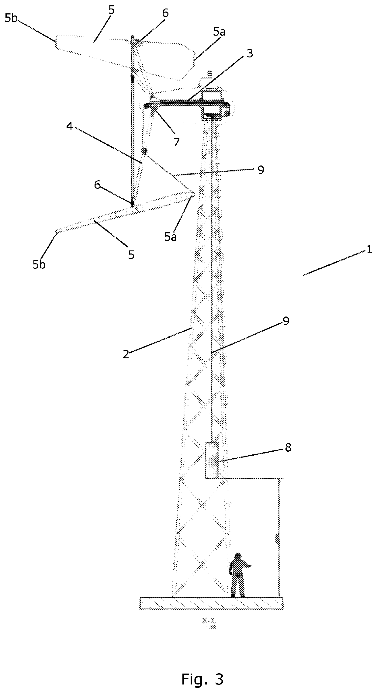 A wind turbine with hinged blades having a hinge position between inner and outer tip end of the blades