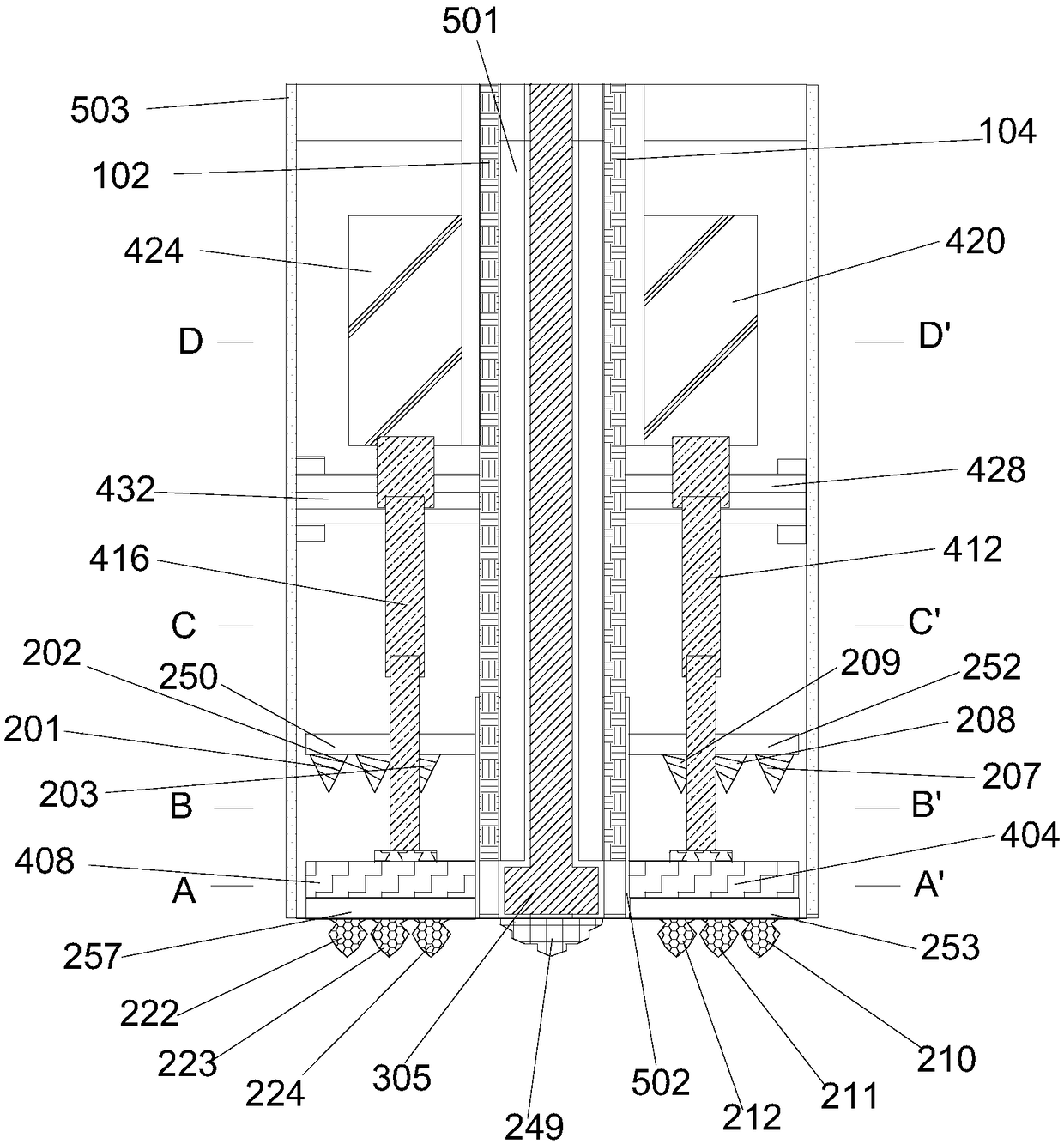 Magnetic force conversion type intelligent knife changing drilling and cutting device for soft and hard strata