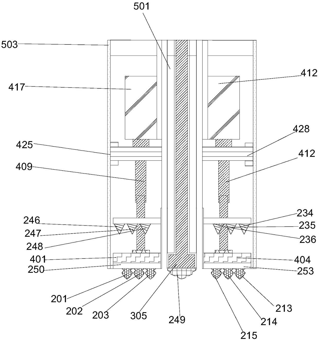 Magnetic force conversion type intelligent knife changing drilling and cutting device for soft and hard strata