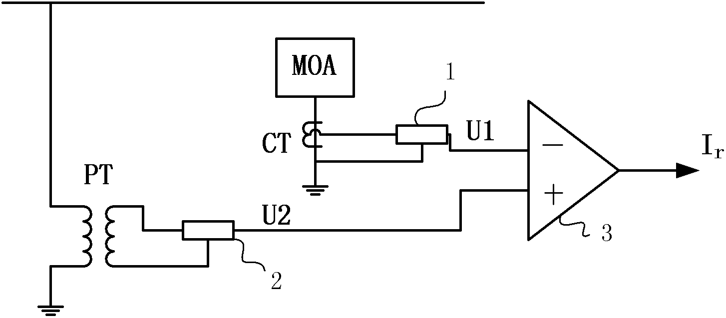 Circuit for measuring MOA (metal oxide arrester) resistive current based on capacitive current compensational method