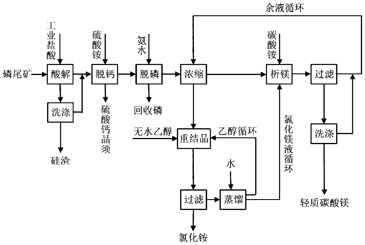 Method for preparing ammonium chloride and light magnesium carbonate from phosphate tailings and recycling ammonium chloride and light magnesium carbonate