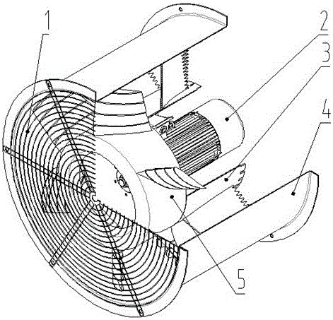 Axial flow fan comprising blades with wing-type guide plates and guide blades with bionic tail edges