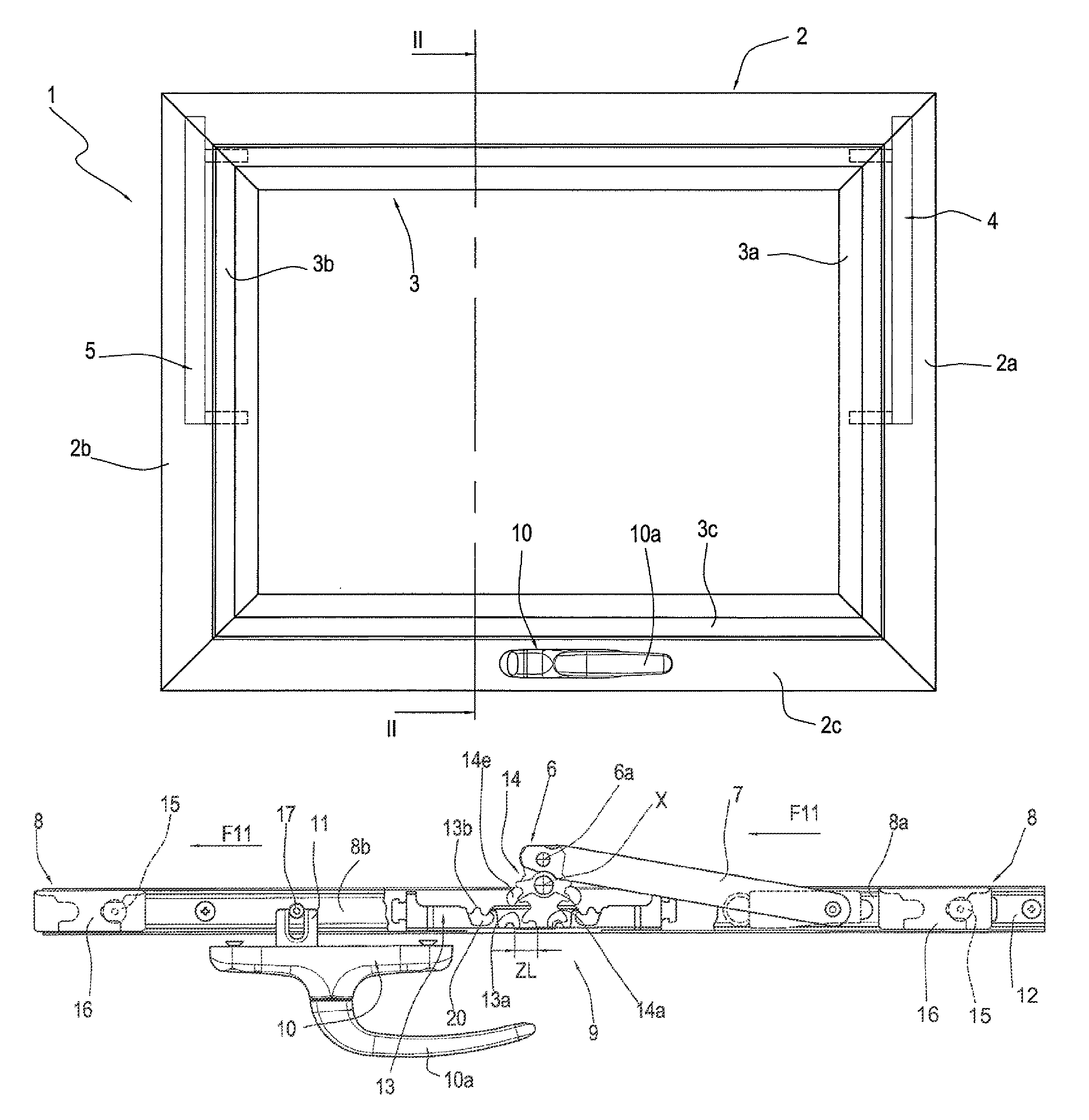 Awning window unit with an operating and closing slide unit for the movable frame of the window unit