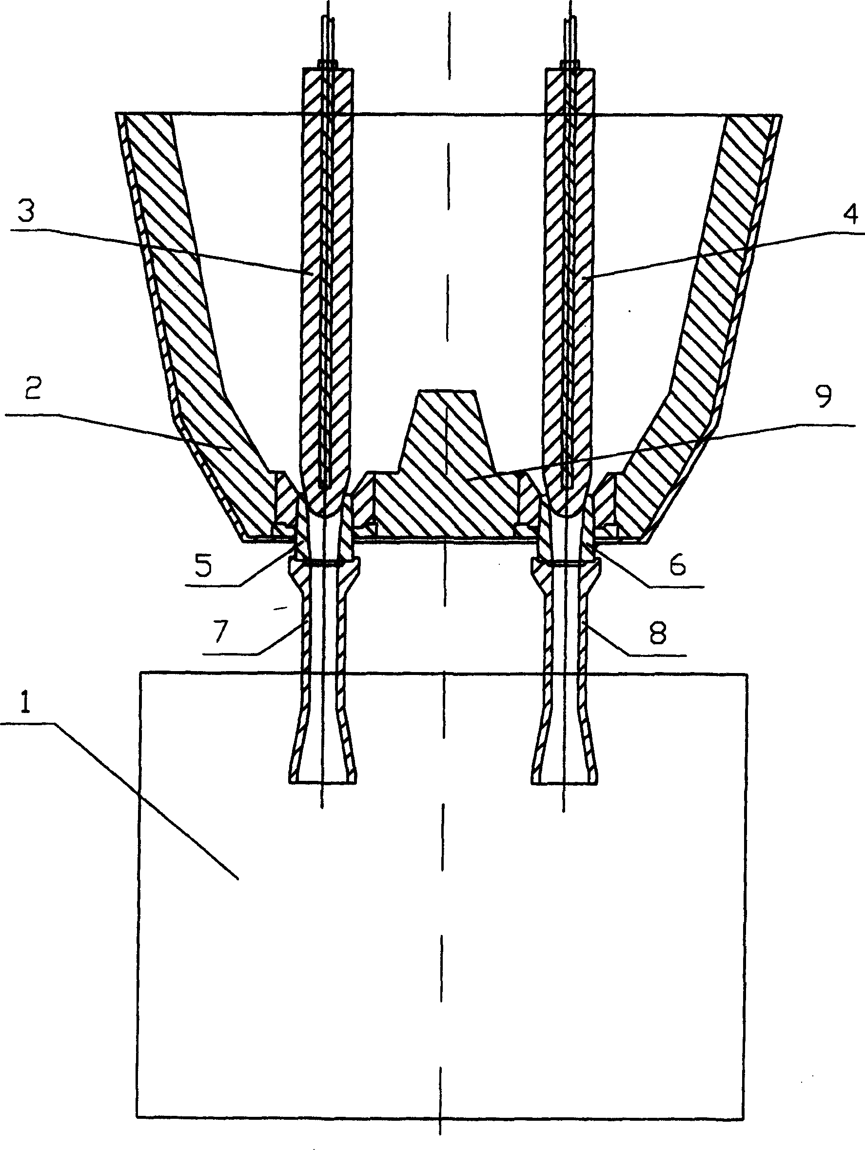 Method and device for slab continuous casting using two pouring openings