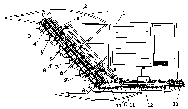 Harvester header device with multiple obliquely-arranged disc-shaped cutters and harvesting method
