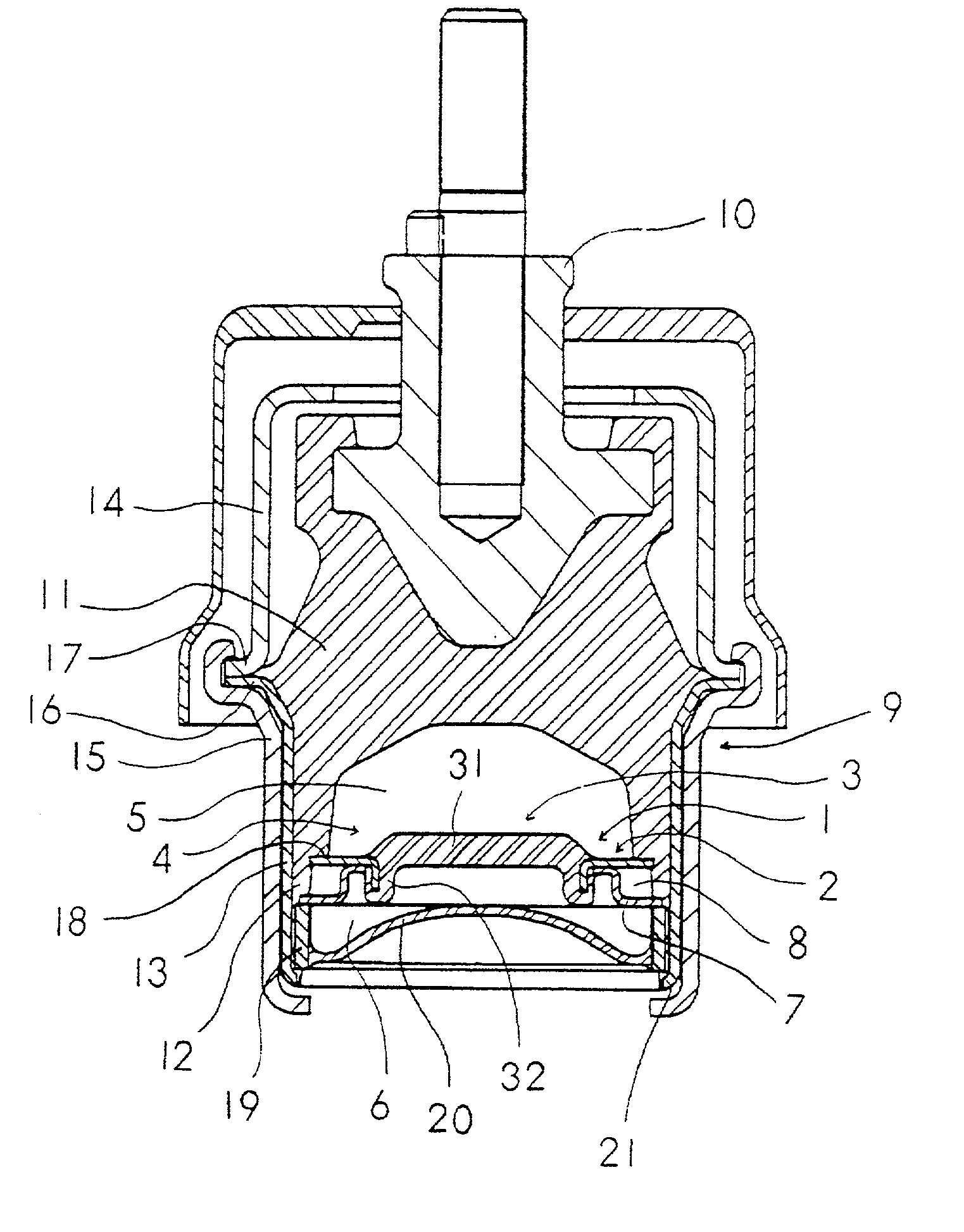 Partition member of liquid filled vibration isolating device