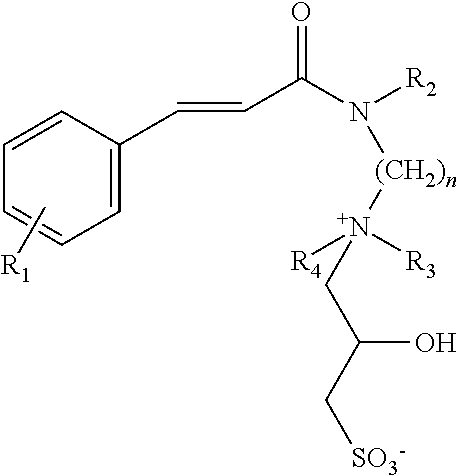 Broad spectrum sunscreen composition comprising 2 hydroxy sulfobetaine of cinnamidoalkyl amine