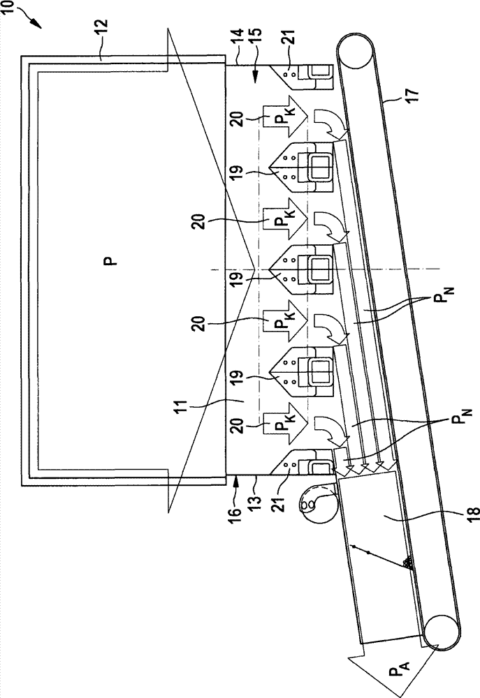 Emptying cartridge, method for emptying chamfers filled with rod-shaped objects and device for bringing together mass flows, in particular for an emptying cartridge