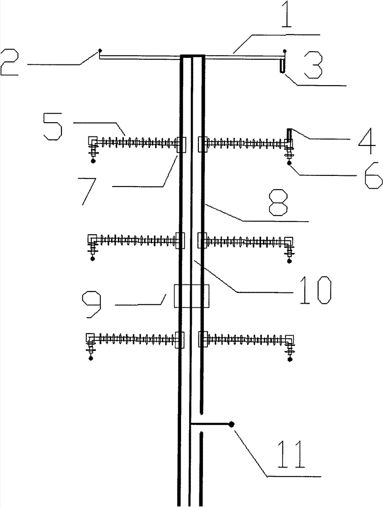 Grounding method for composite insulating pole tower of power transmission line and pole tower thereof