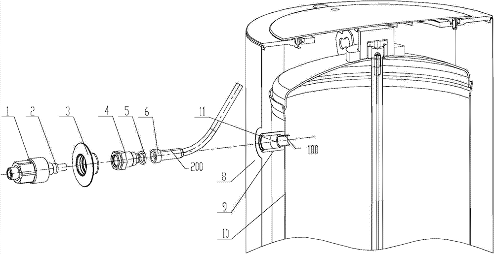 Water tank inlet and outlet pipes and water tank device