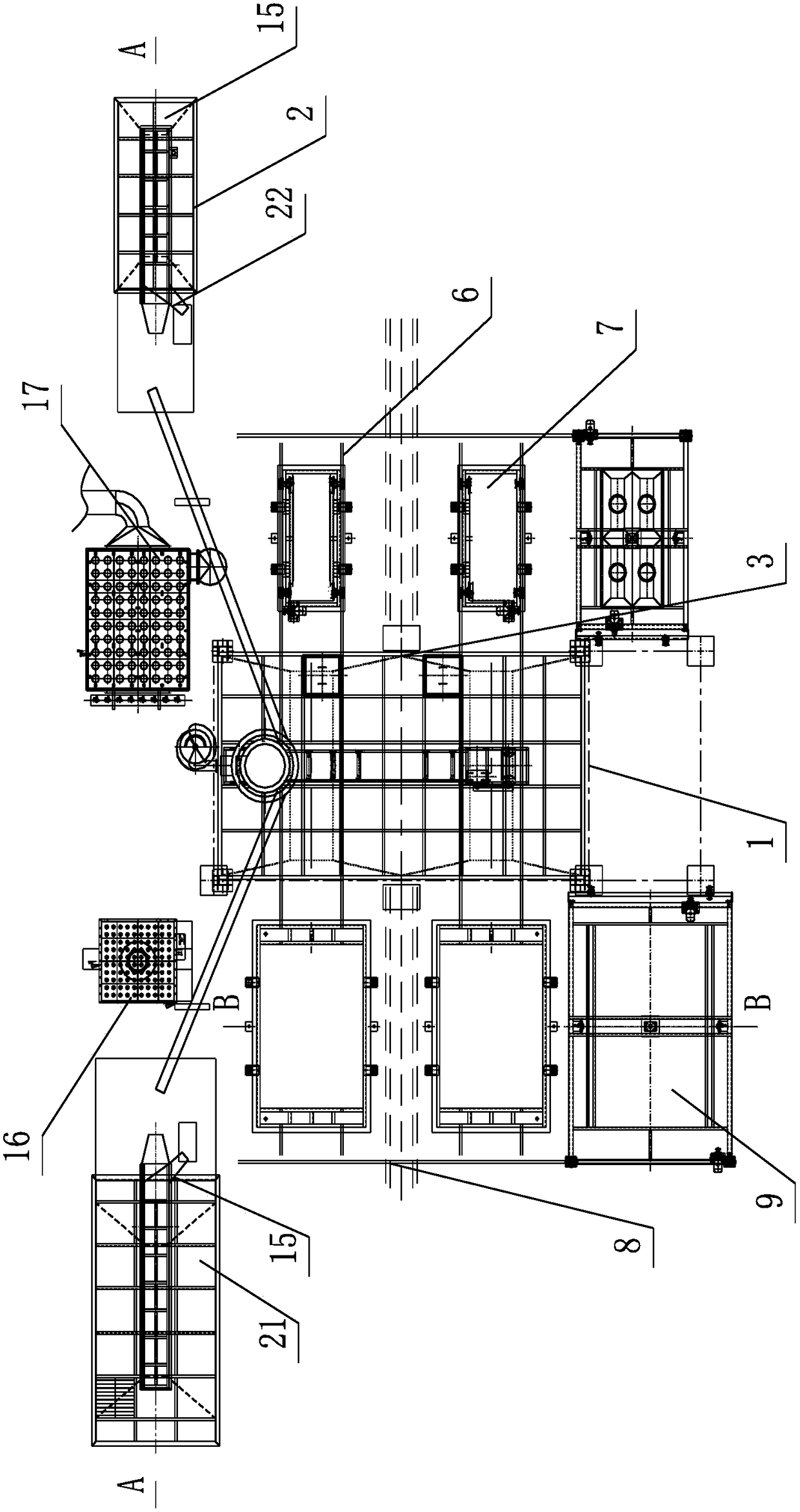 A four-station mobile trolley-type v-method molding production line