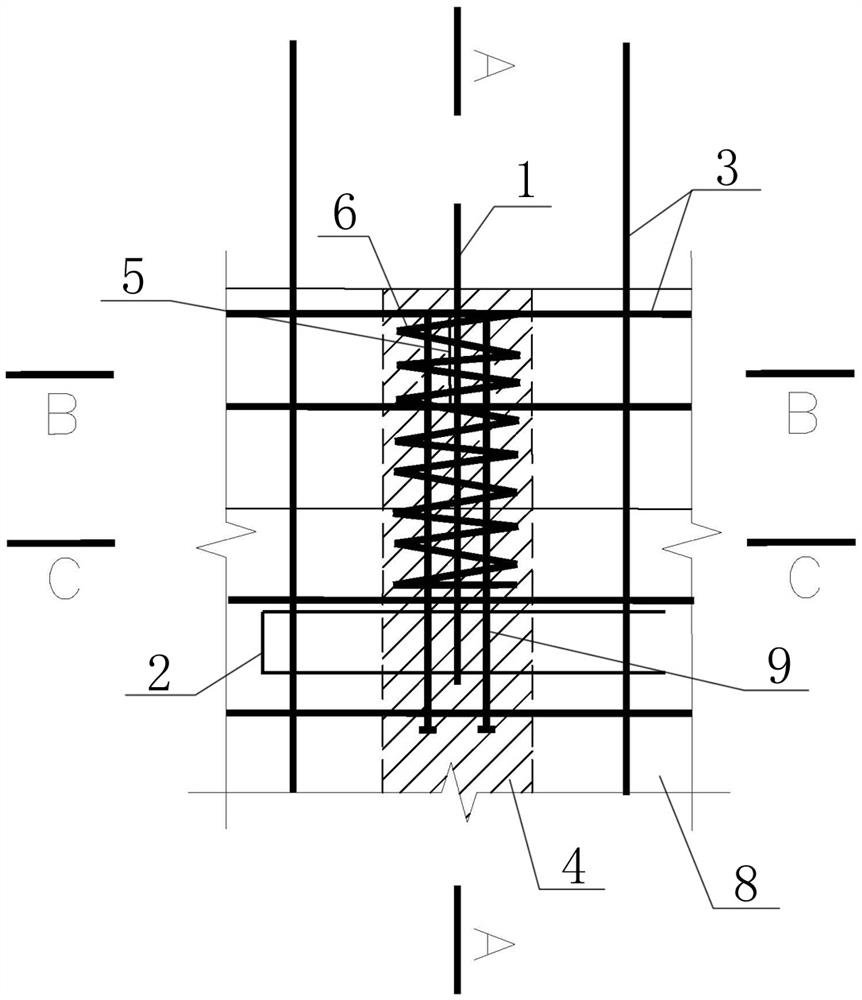Design and construction method of spiral stirrup ring connection node of longitudinal rib hollow wall panel