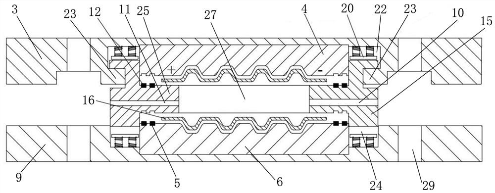 Metal bipolar plate gas expansion forming device and process based on pulse current assistance