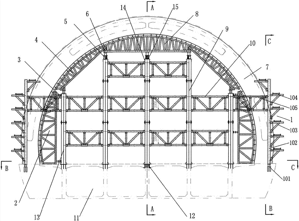 Construction method for prestressed reinforced concrete-made circular arch-shaped tower