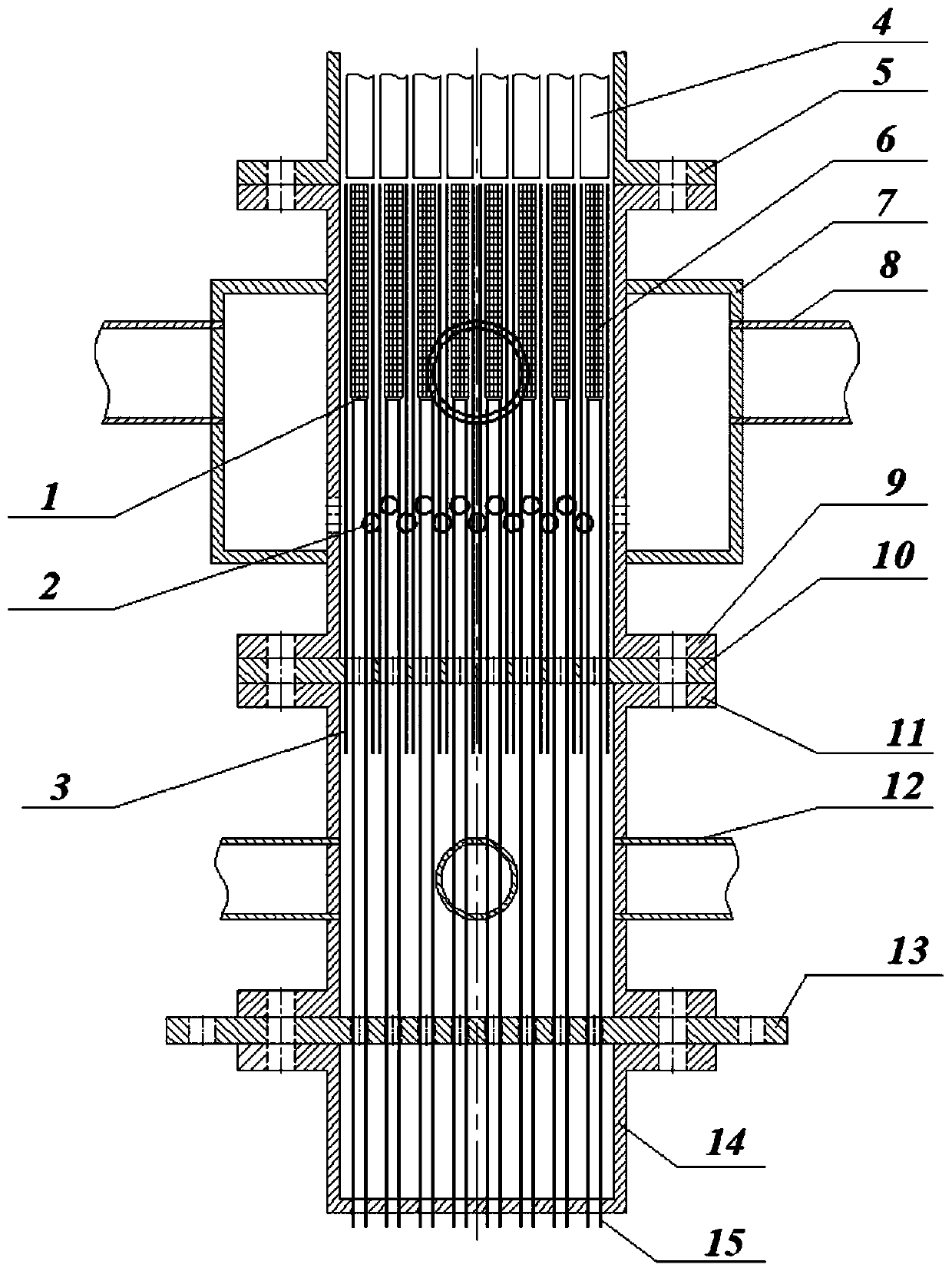 A two-phase bubbly flow mixing device and method at the bottom inlet of a vertical rod bundle channel