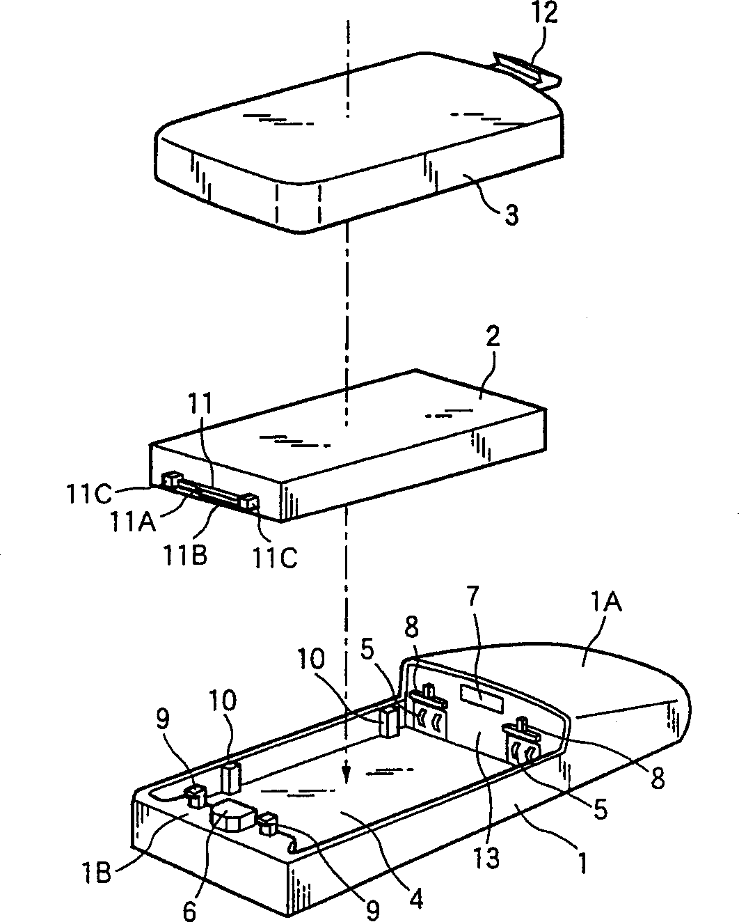 Internal battery holding structure in mobile equipment