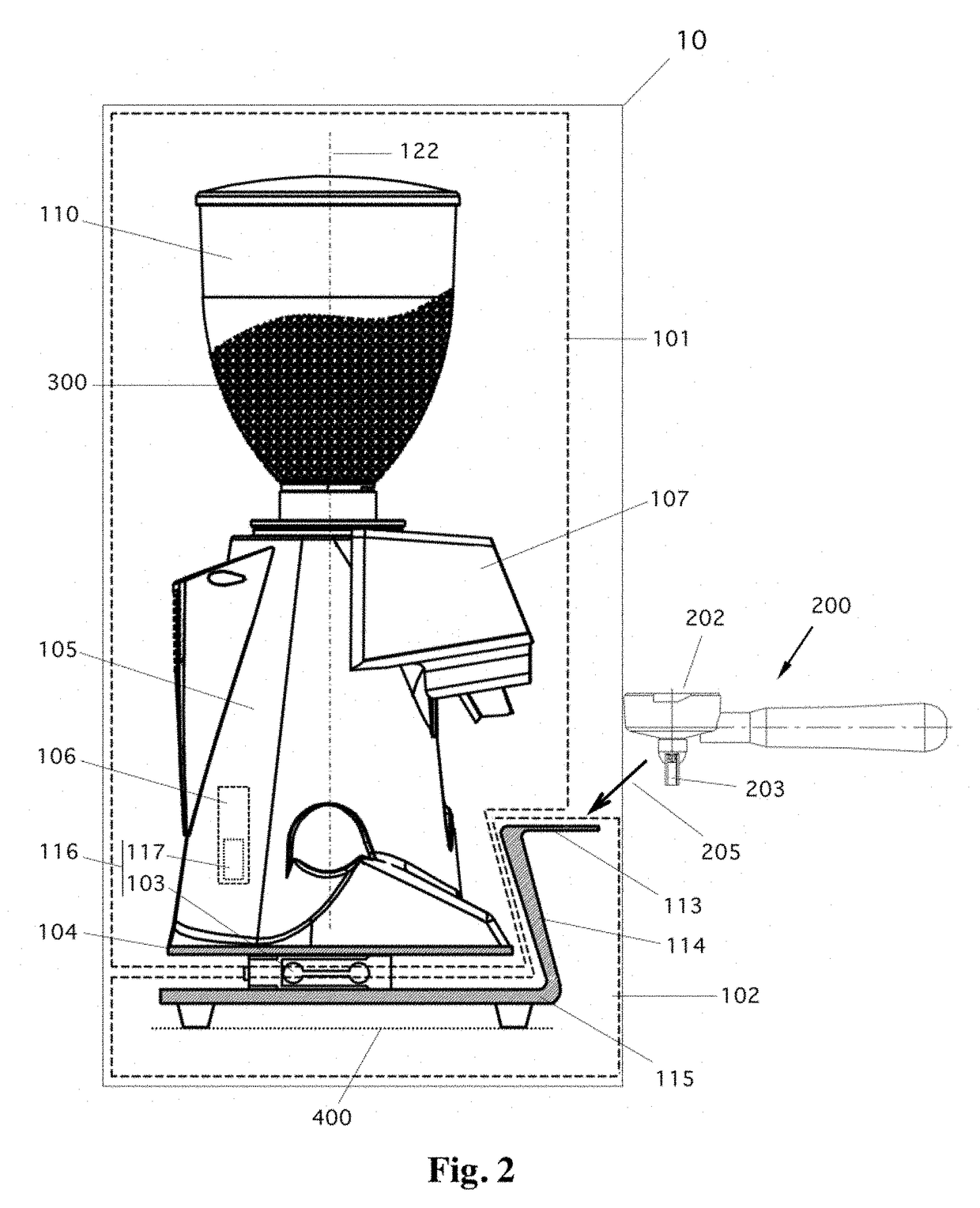Coffee grinder-doser apparatus with independent fork and weighing device with feedback