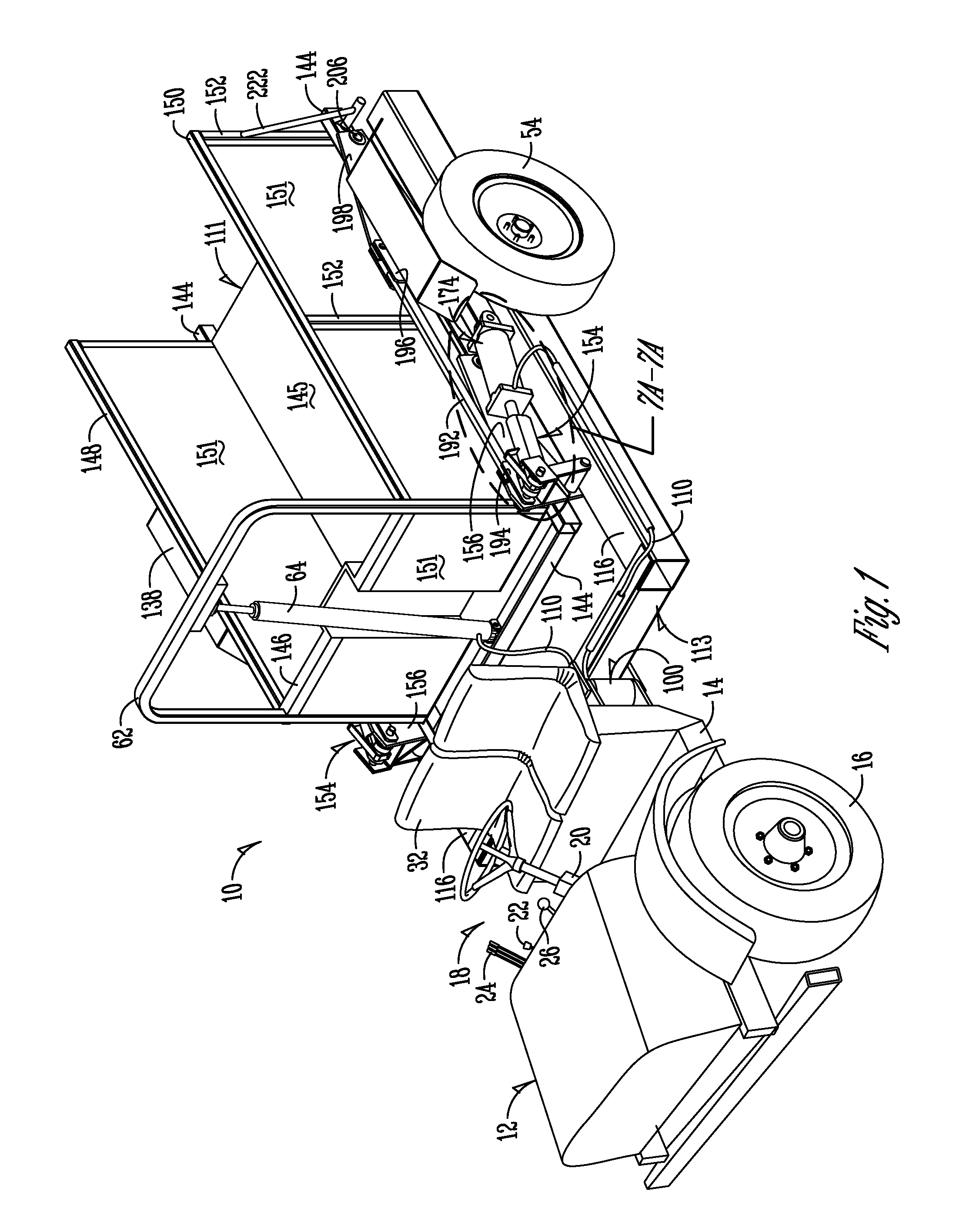 Center-pivot steering articulated vehicle with load lifting trailer