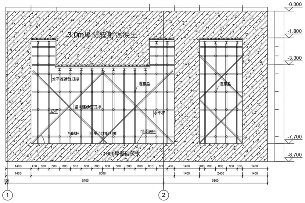 Construction method of super-thick overweight radiation protection concrete cast-in-place beam plate formwork supporting system