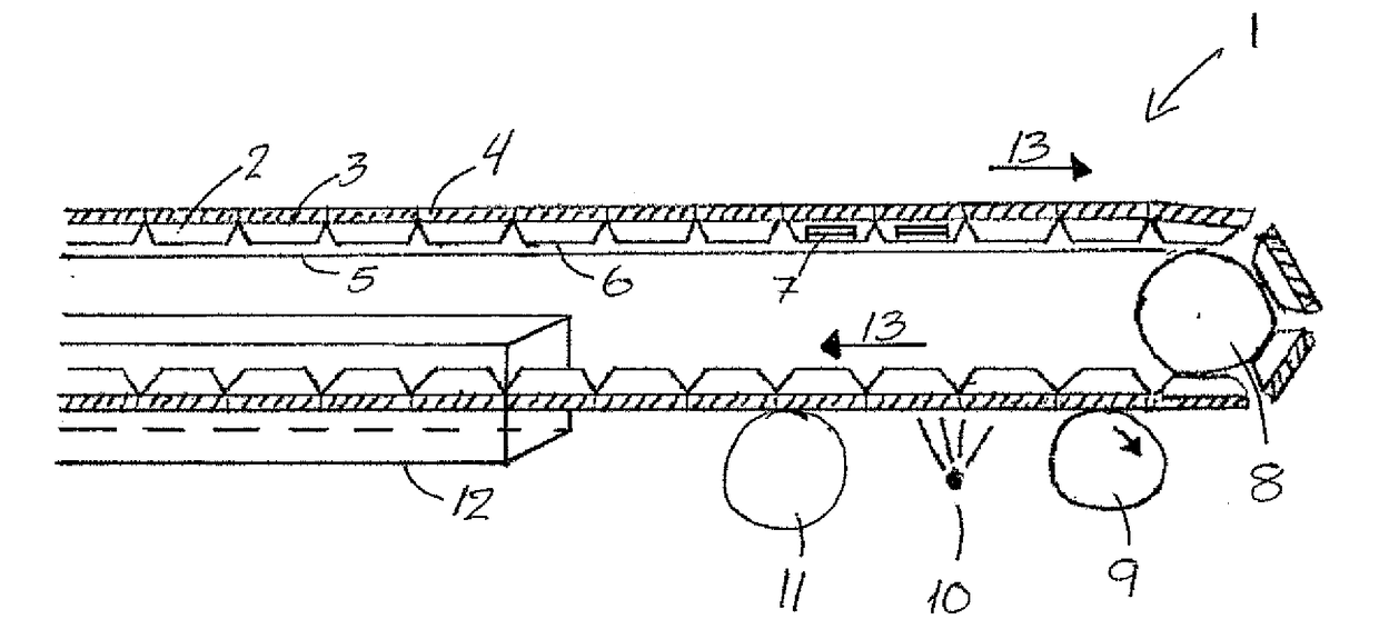 Food processing table or conveyor belt with a layer of solidified liquid such as an ice layer and method for producing such solidified liquid