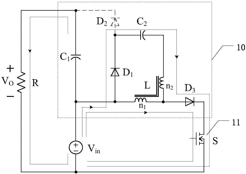 Boosting DC converter device based on tap inductor