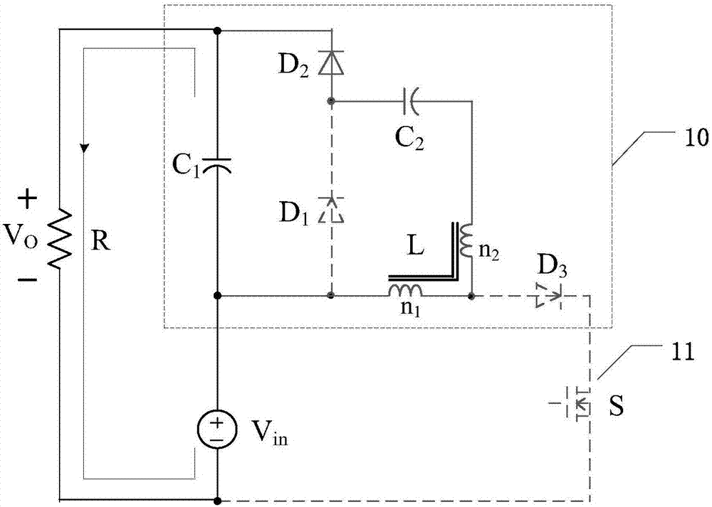 Boosting DC converter device based on tap inductor