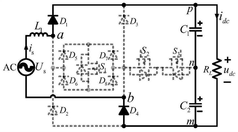 Single-phase three-level rectifier with hybrid T-shaped bridges