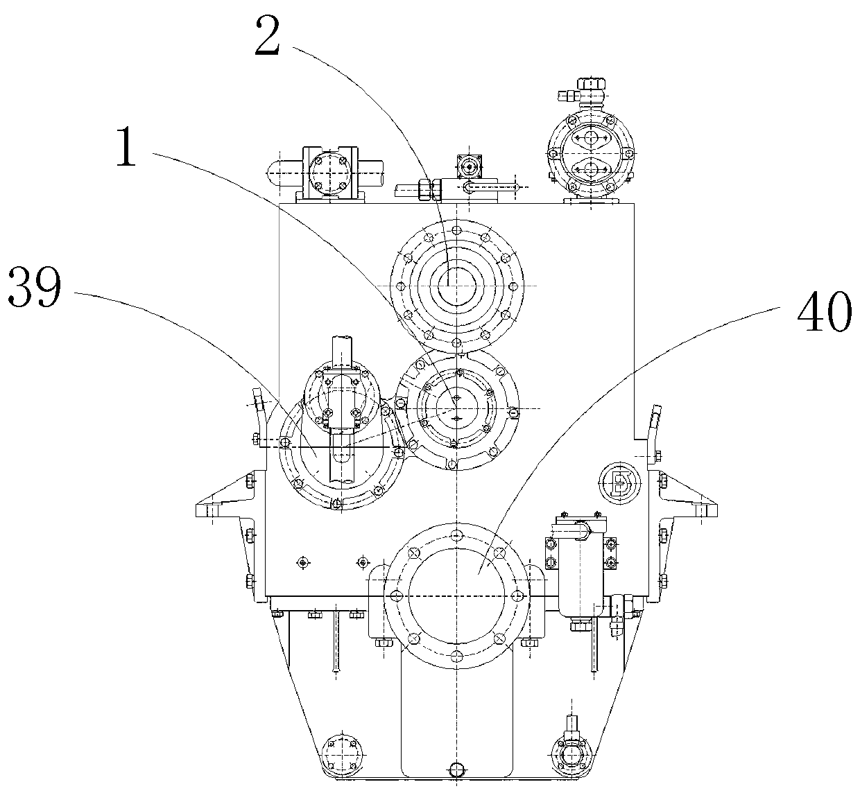 Gearbox with reversing, ahead running, clutching and full-power PTO (Power Take Off) output functions for ship