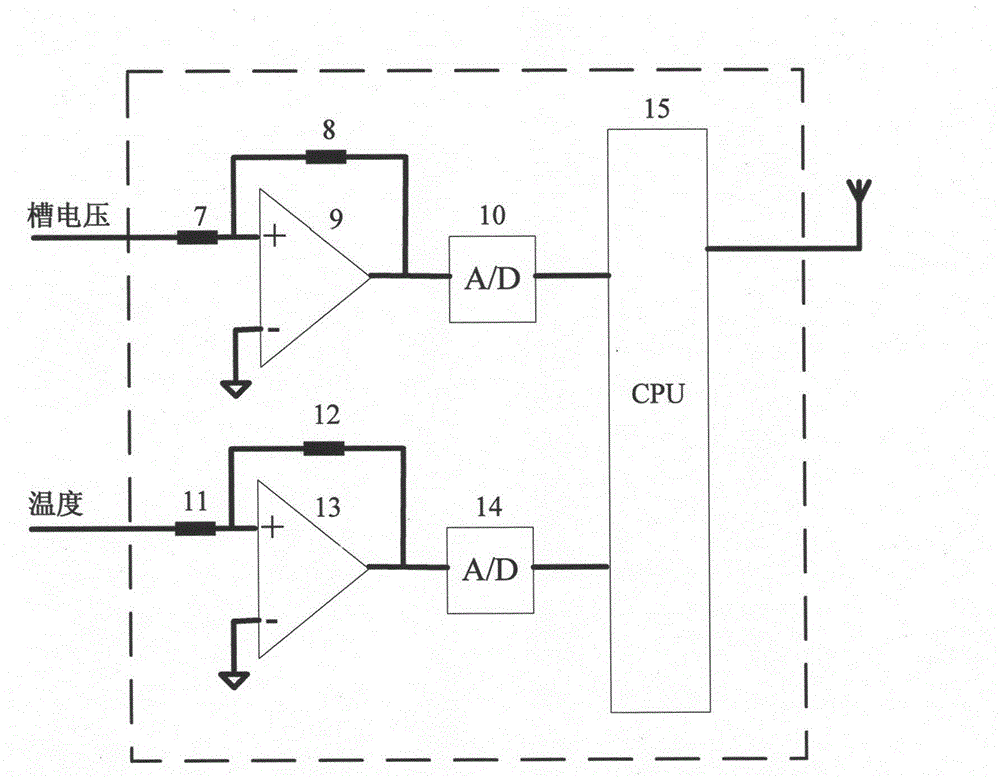 A wireless sensor for detecting electrolyzer voltage and electrolyte temperature