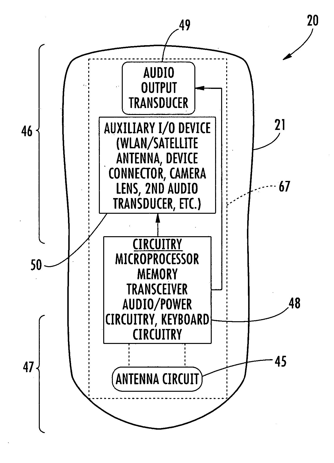 Mobile wireless communications device with reduced interference from the keyboard into the radio receiver