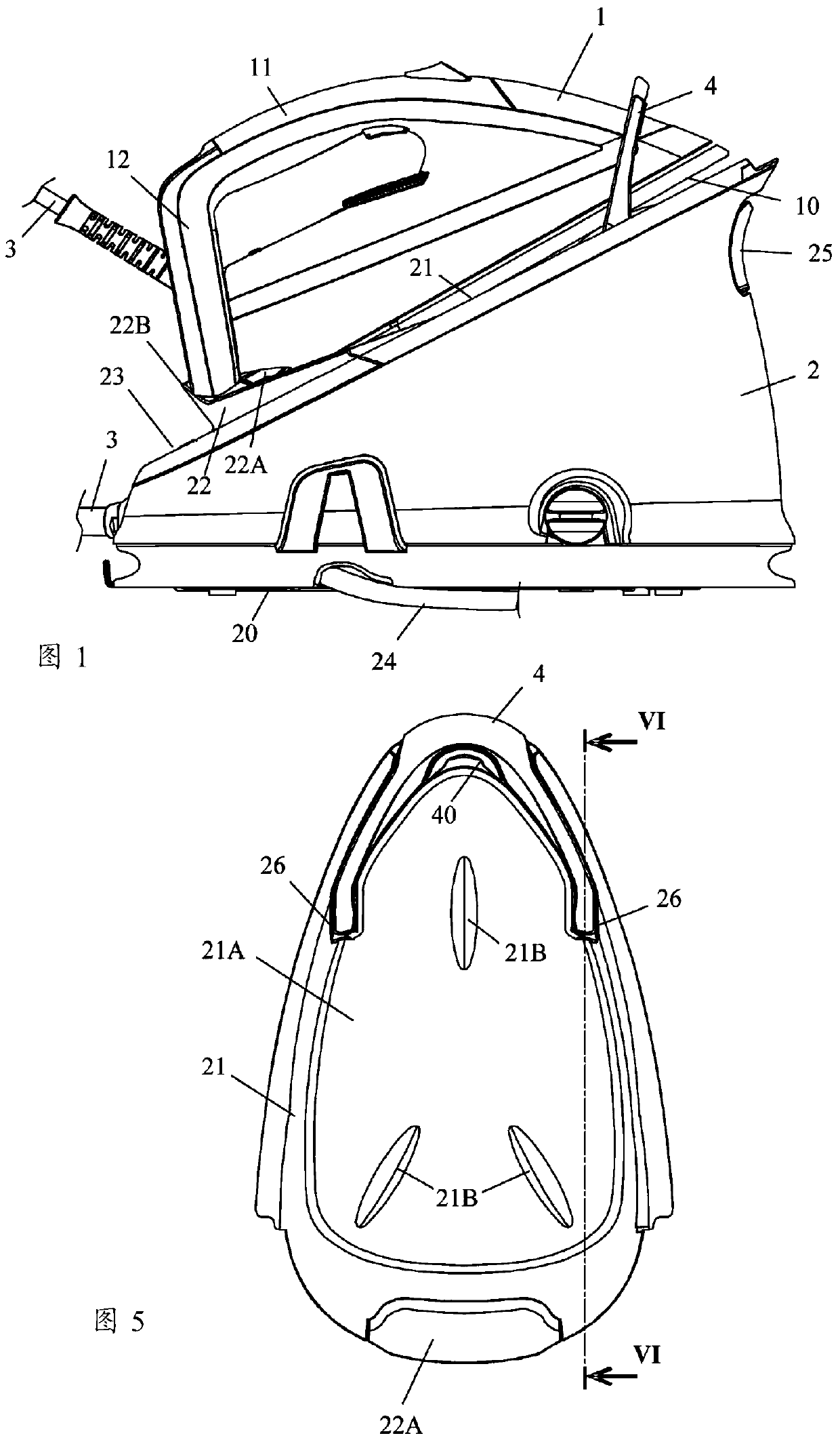 Home appliance comprising an iron and a portable base having a place for the iron