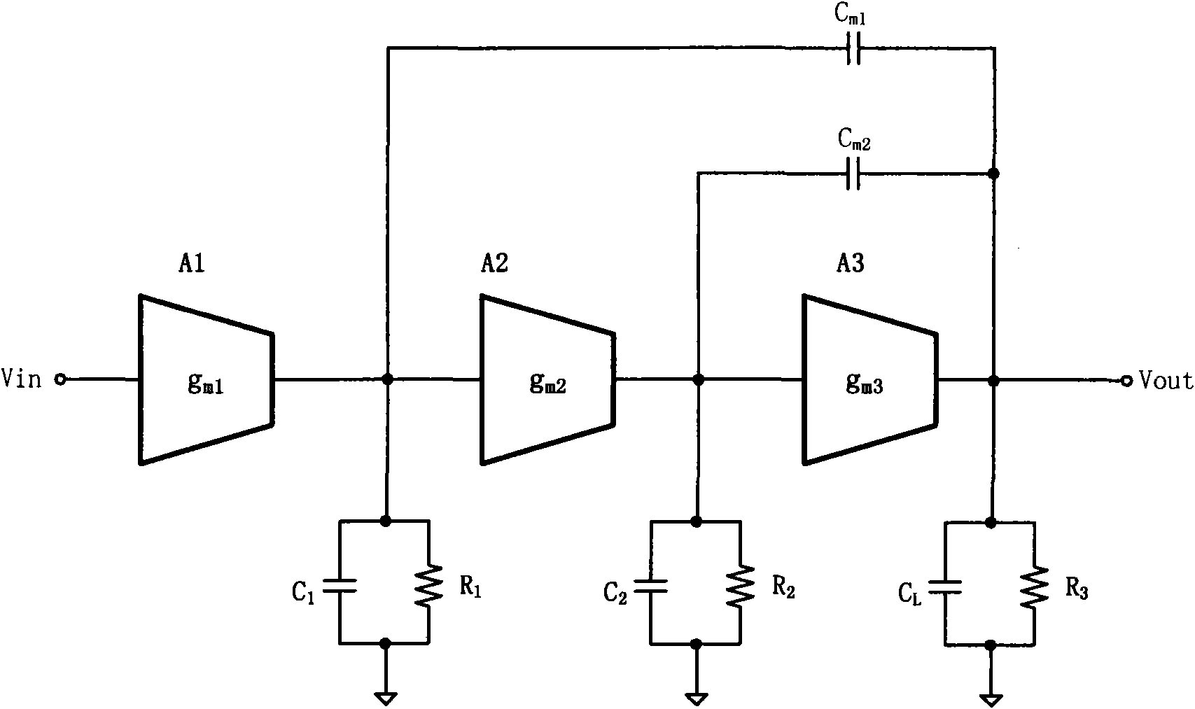 High-bandwidth low-power consumption frequency-compensation three-stage operational amplifier