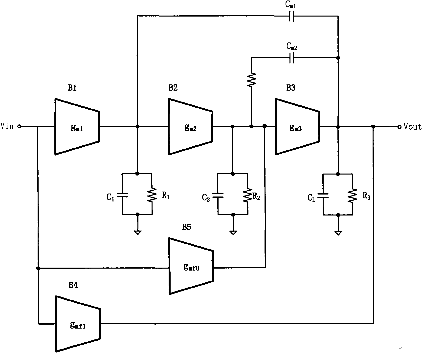 High-bandwidth low-power consumption frequency-compensation three-stage operational amplifier