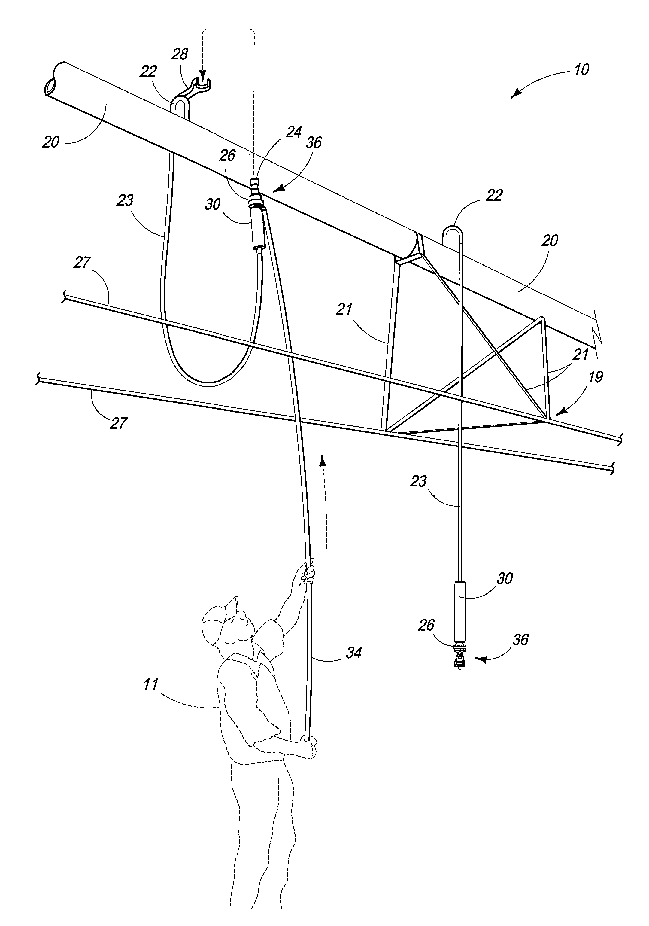 Apparatus and Method for Supporting a Flexible Hose Sprinkler Head on an Elevated Irrigation Supply Line